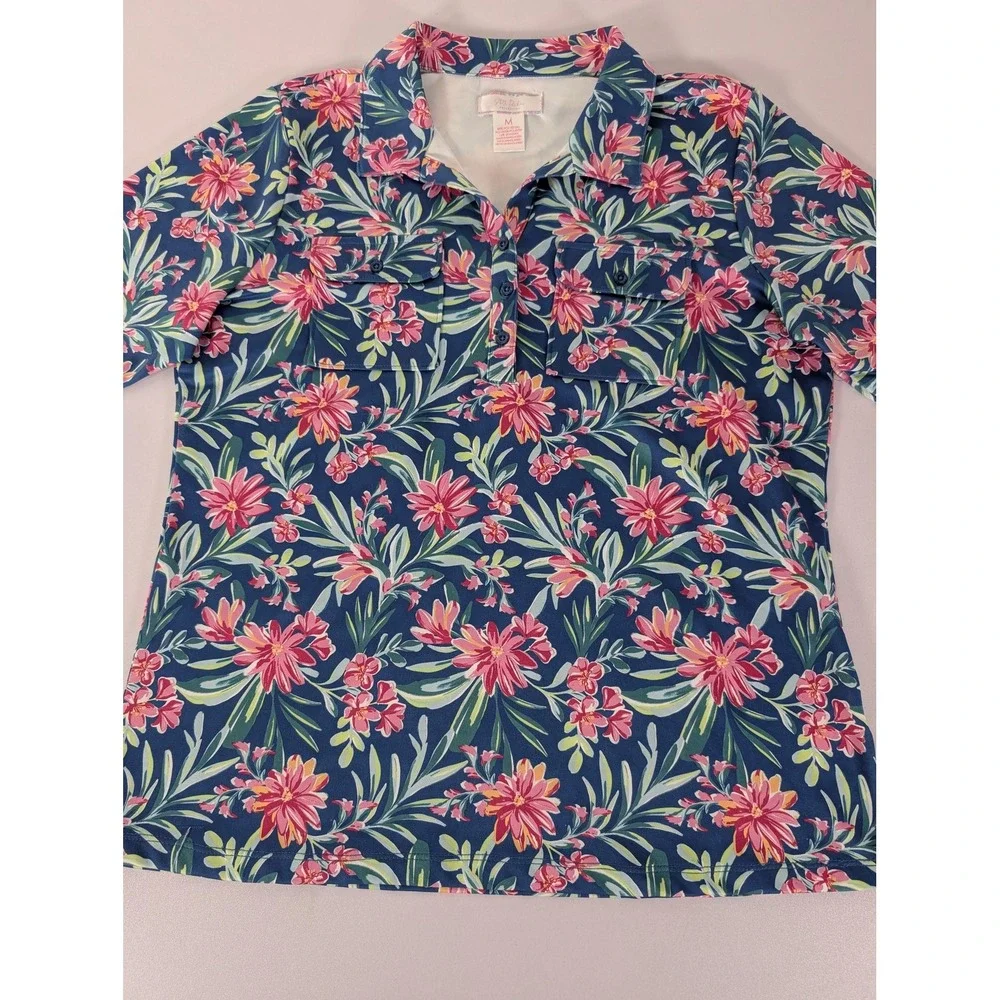 Stella‎ Parker Shirt Womens Medium Blue Floral Hawaiian Short Sleeve Summer